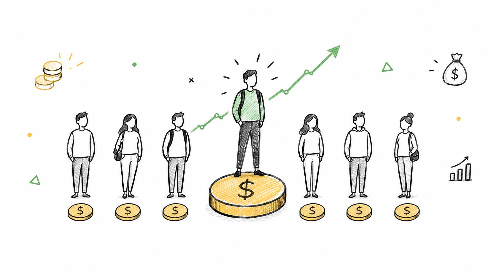 A sketched illustration of a group of people standing on coin symbols with one person elevated