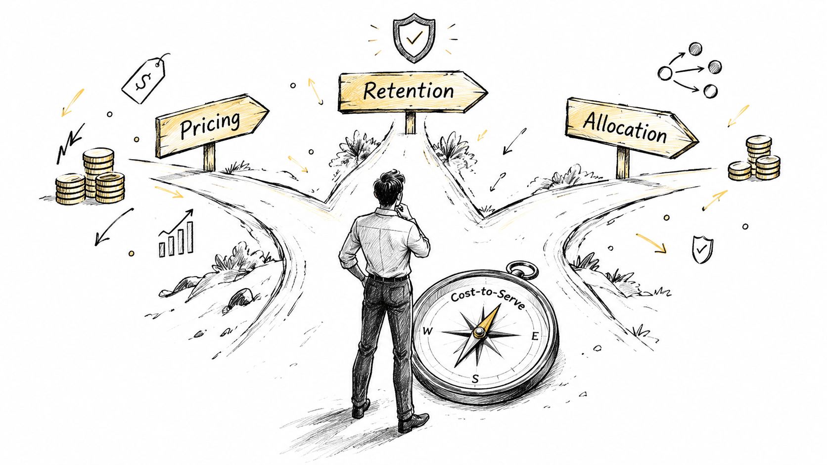 A business professional stands at a fork in the road guided by a cost-to-serve compass