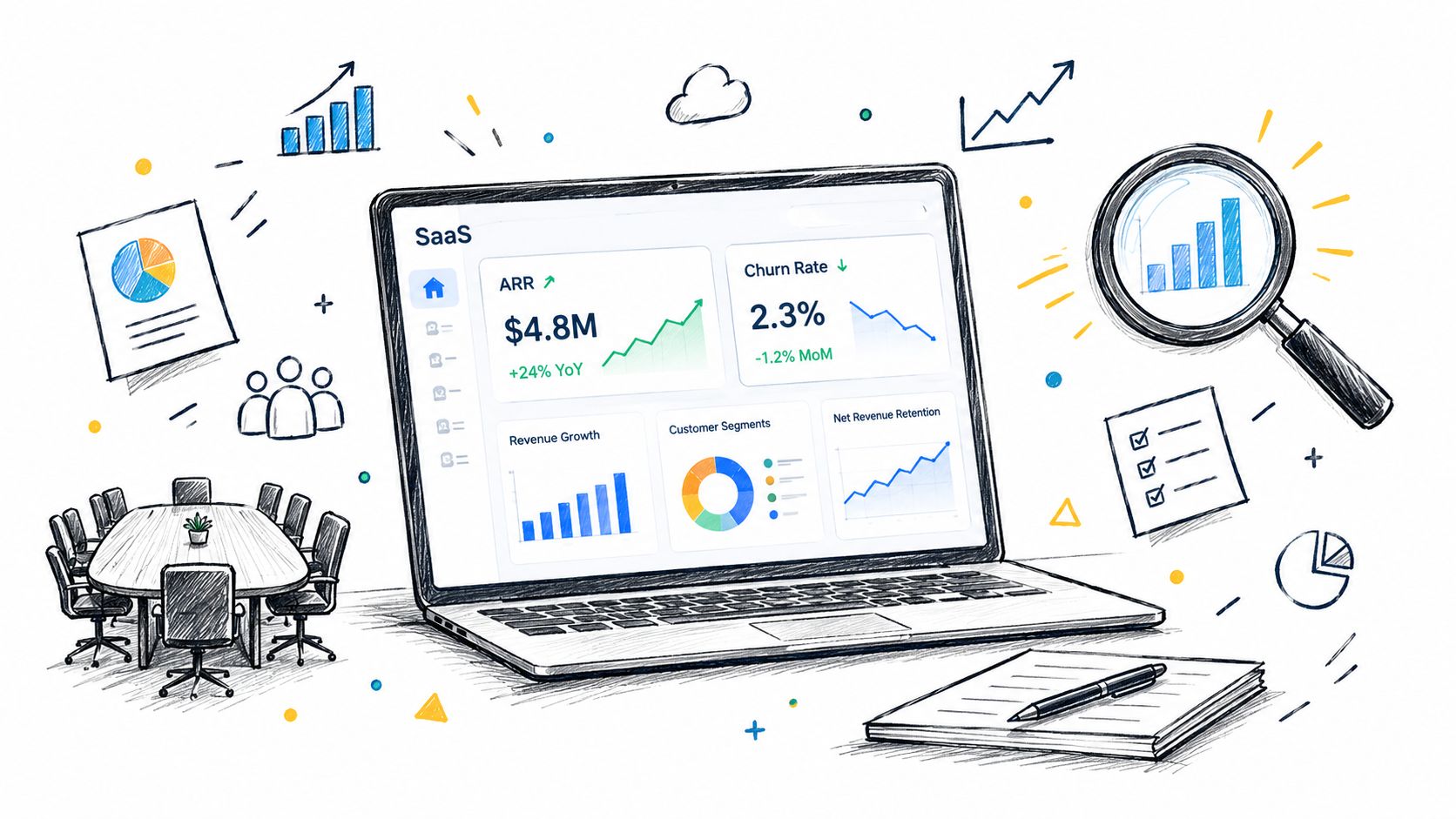 A digital illustration of a laptop displaying a SaaS analytics dashboard with various business performance charts.