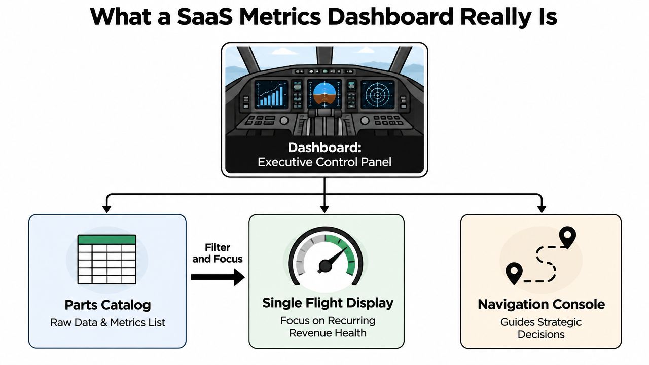 A diagram comparing a SaaS metrics dashboard to an airplane cockpit, focusing on data and strategy.