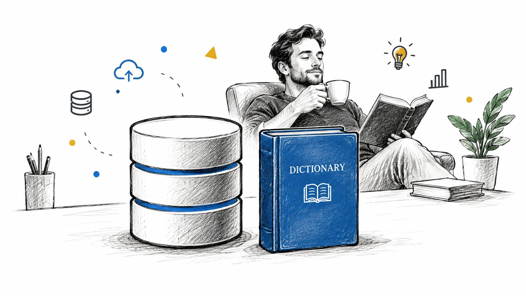 A man drinking coffee and reading, sitting next to a database icon and a large blue dictionary.