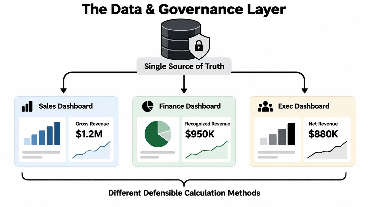 A diagram illustrating a central data governance layer connected to sales, finance, and executive dashboards.