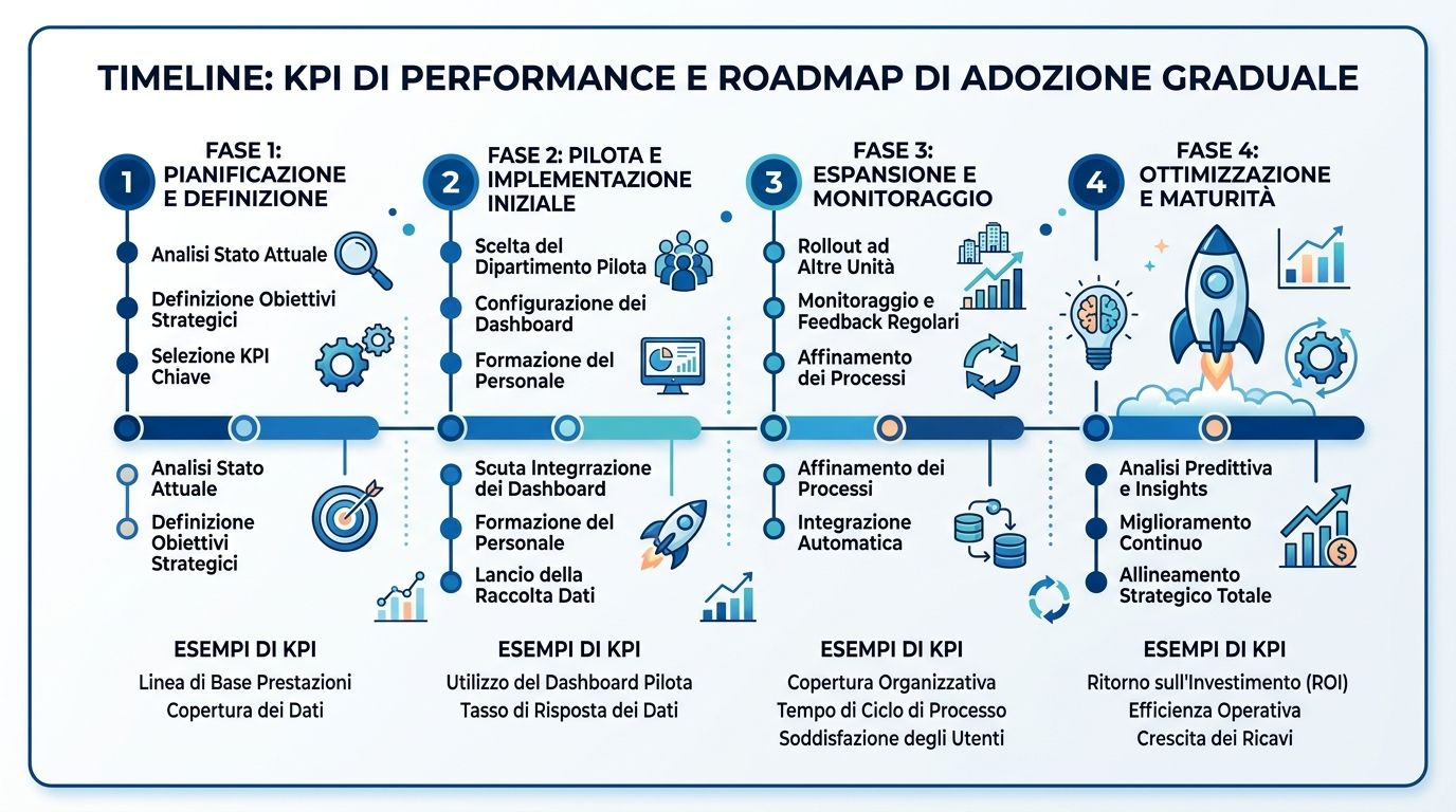 Una timeline grafica che illustra le quattro fasi di adozione e monitoraggio dei KPI di performance aziendali.