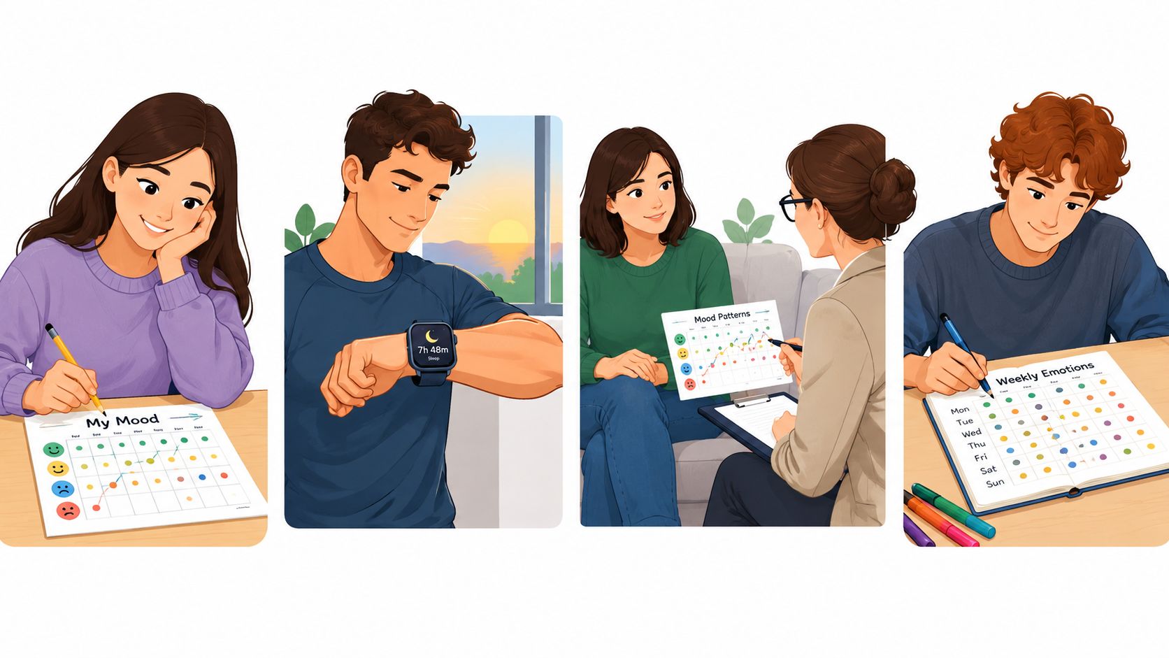 Four illustrations showing individuals tracking their mood, monitoring sleep, and discussing patterns with a therapist.
