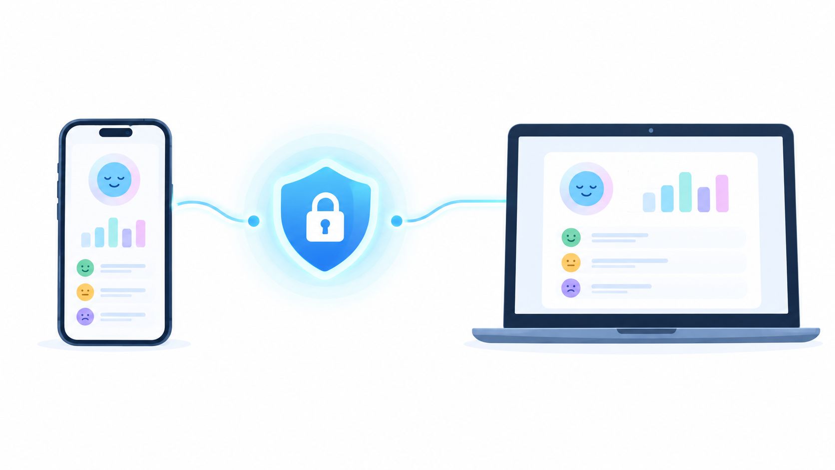 A smartphone and laptop connected by a glowing security shield icon, representing secure cross-device data synchronization.