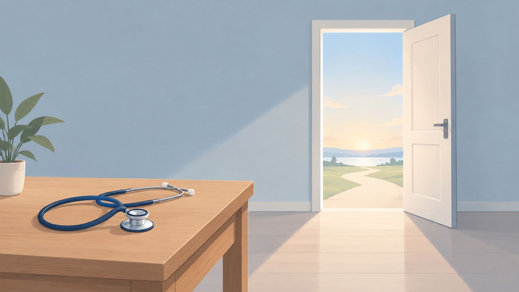 A stethoscope rests on a wooden desk inside a room with an open door revealing a sunrise.