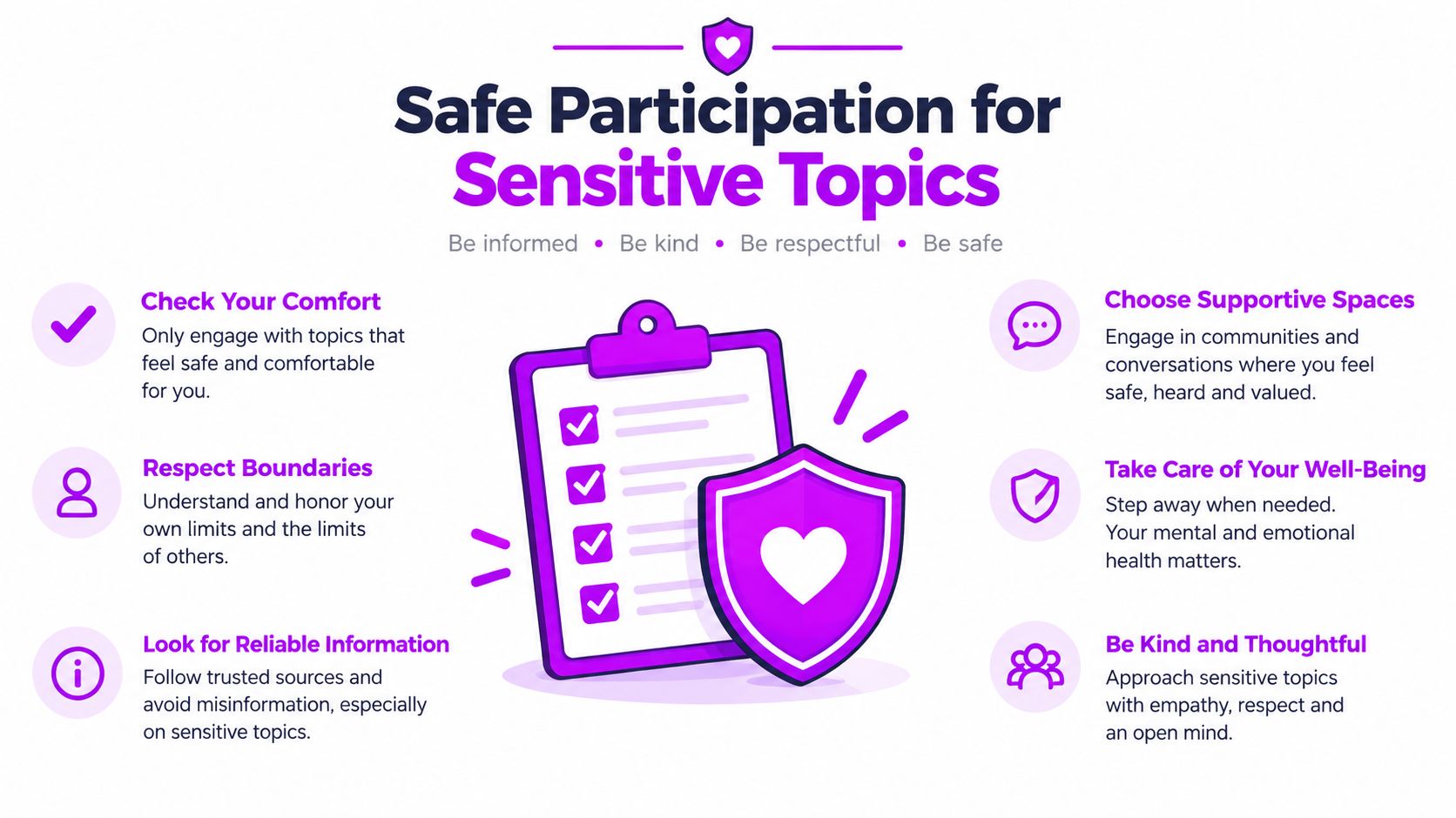 A visual guide for safe participation in sensitive topics, featuring tips on boundaries, well-being, and respect.