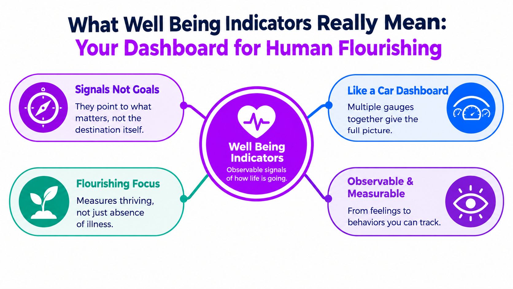 An infographic titled What Well Being Indicators Really Mean showing a central heart icon connected to four key concepts.