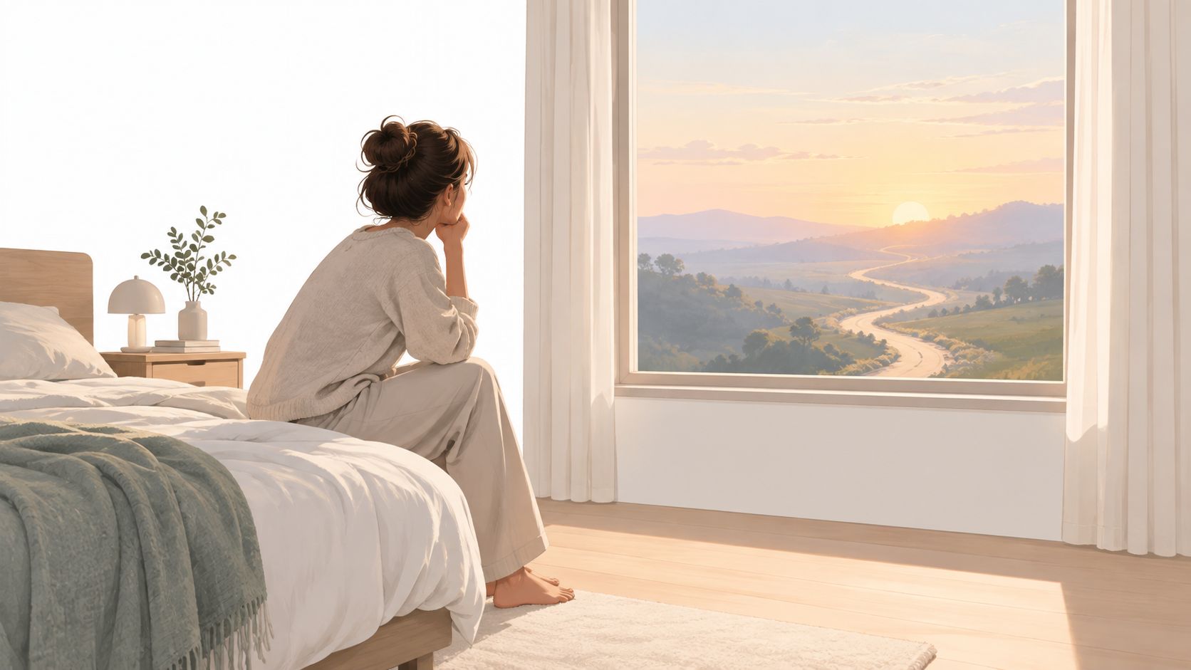A serene woman sitting on her bed, gazing out a large window at a beautiful sunrise landscape.