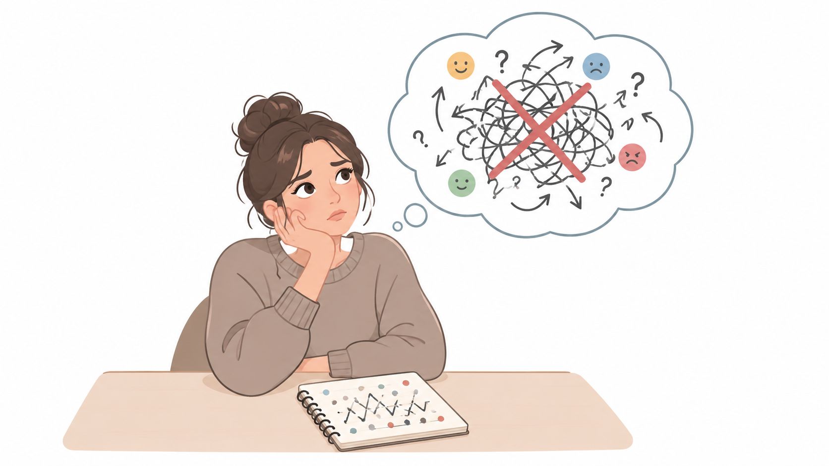 A pensive woman at a desk looking at a messy thought cloud representing emotional confusion.