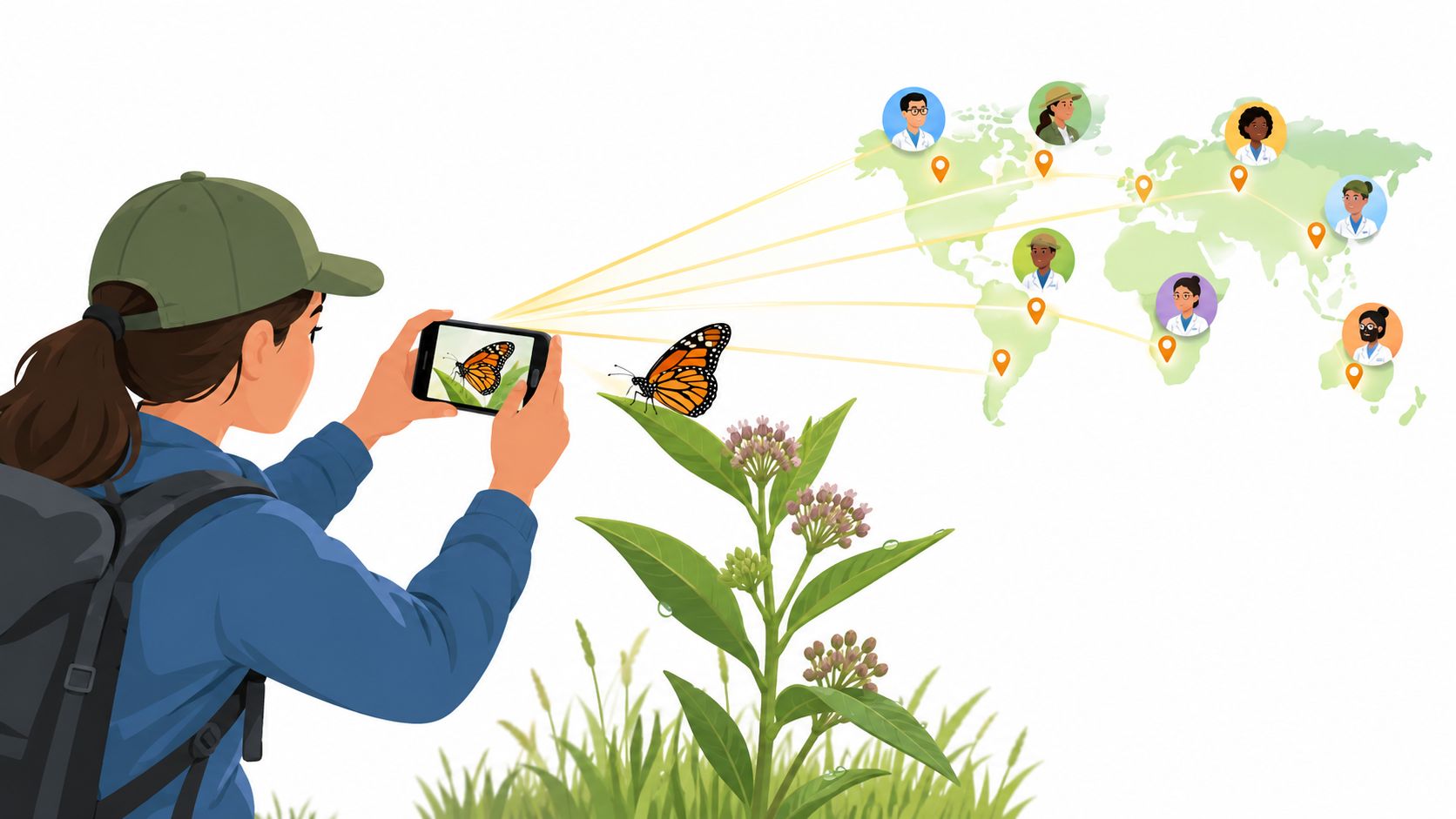 A person using a citizen science app to photograph a monarch butterfly for global research data sharing.
