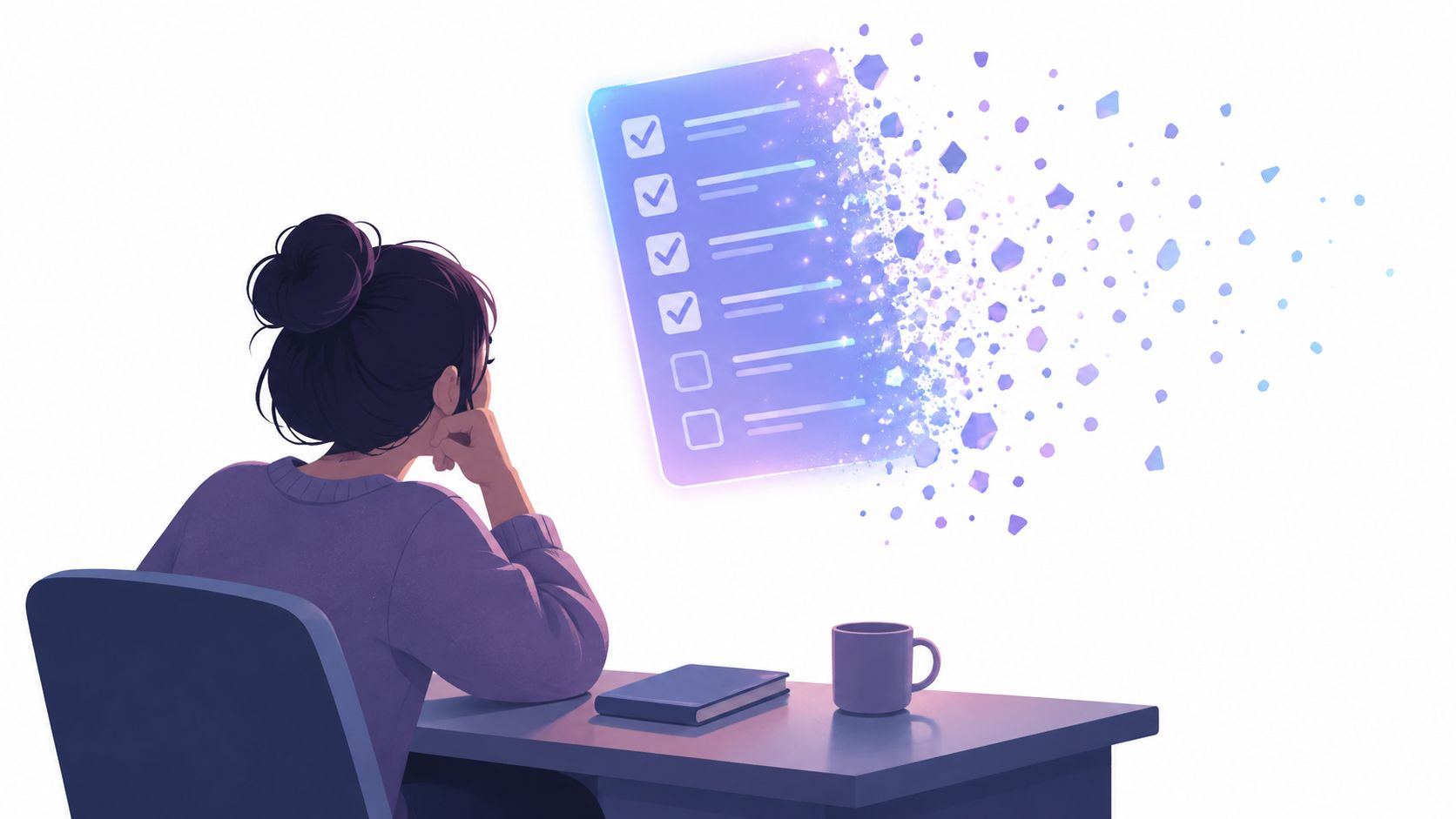 A girl sitting at a desk thoughtfully observing a digital checklist that is dissolving into glowing particles.