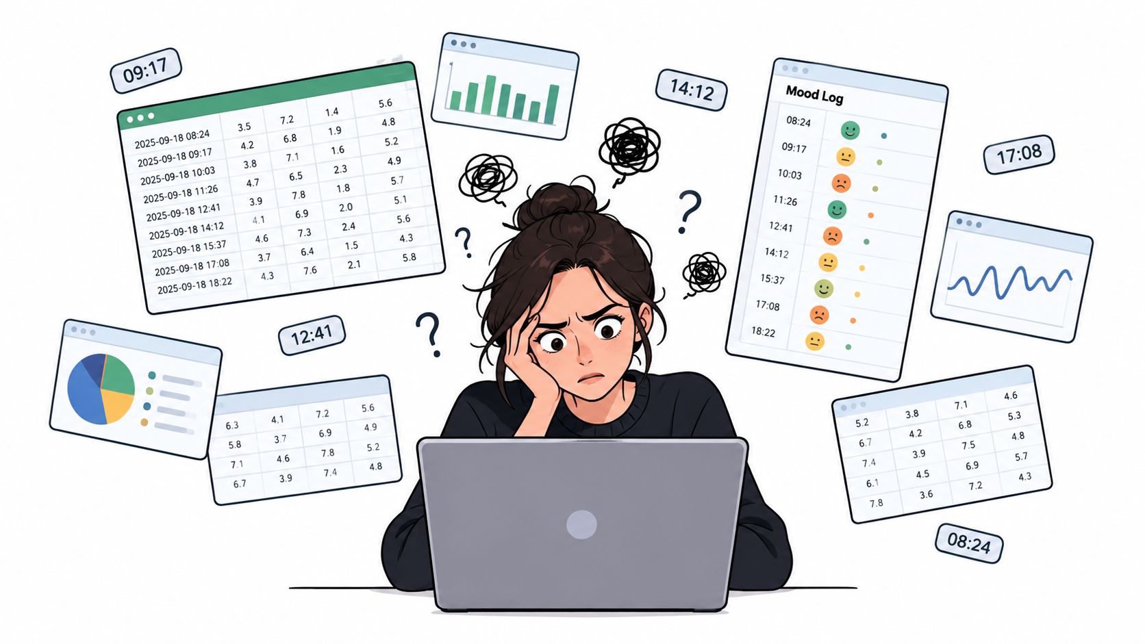 A stressed woman working at a laptop surrounded by floating charts, spreadsheets, and mood tracking logs.