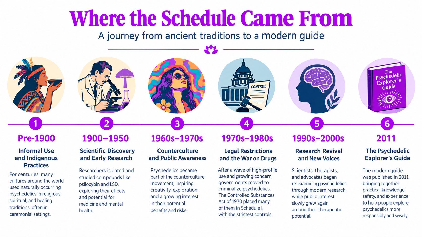 A timeline graphic illustrating the historical evolution of psychedelic use from ancient practices to modern safety guides.