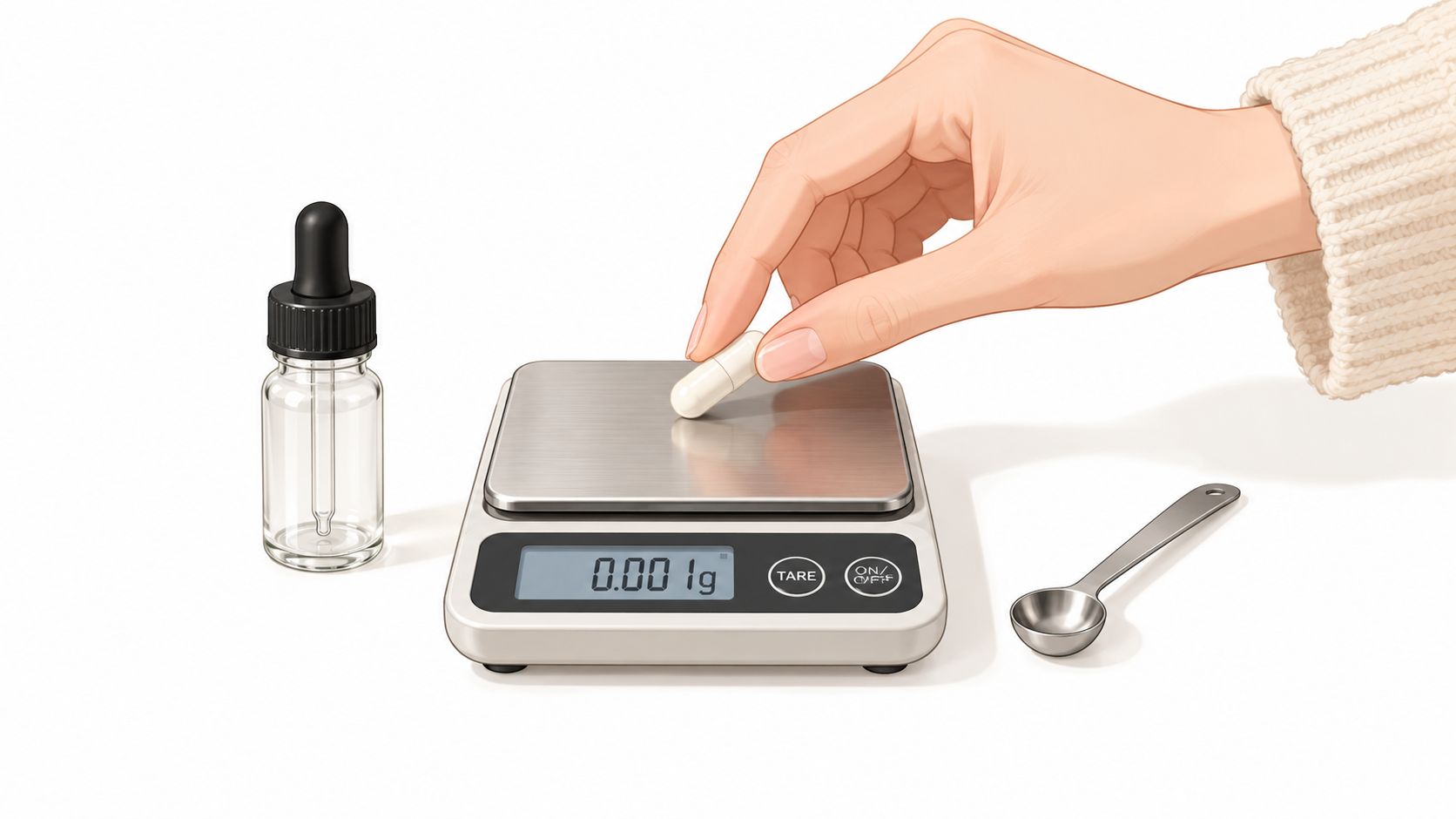 A hand placing a white medical capsule onto a digital weighing scale with a dropper bottle nearby.