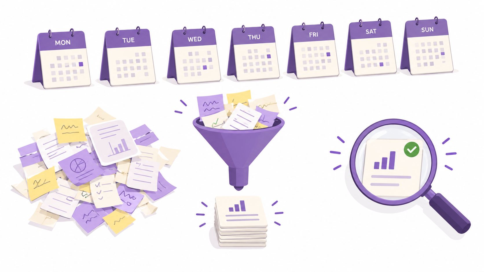 An illustration showing a weekly calendar, a messy pile of documents being filtered, and a analyzed document.