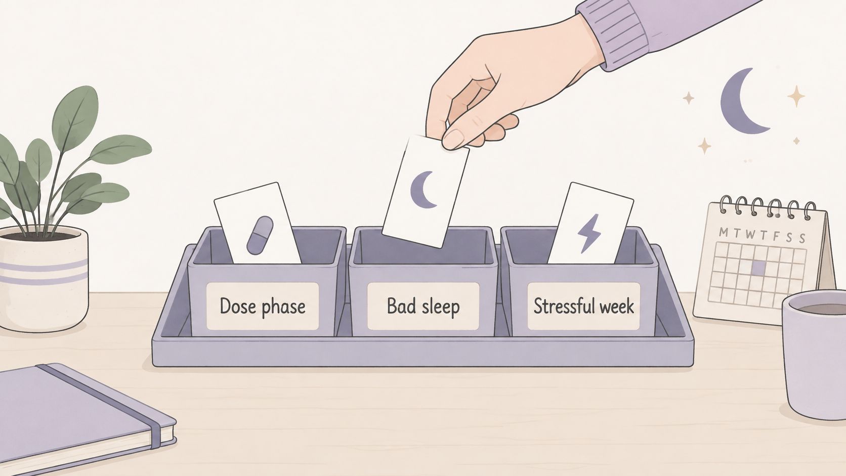 A hand placing a card depicting a crescent moon into a container labeled Bad sleep, organized with other health trackers.