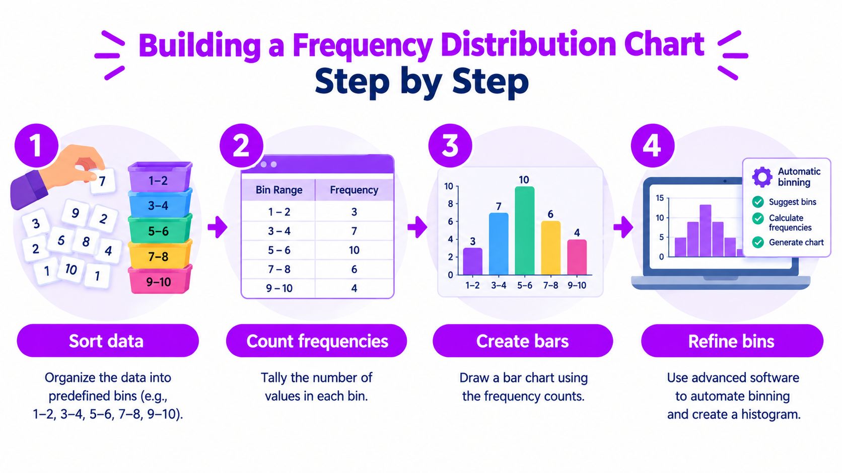 A four-step infographic illustrating the process of building a frequency distribution chart from data to visualization.