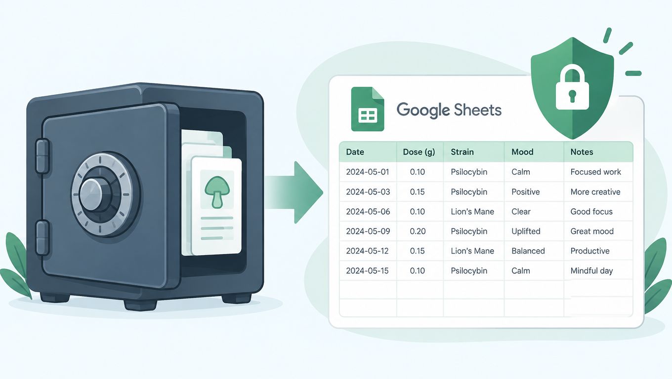 A digital illustration showing a safe containing mushroom records being exported into a secure Google Sheets document.