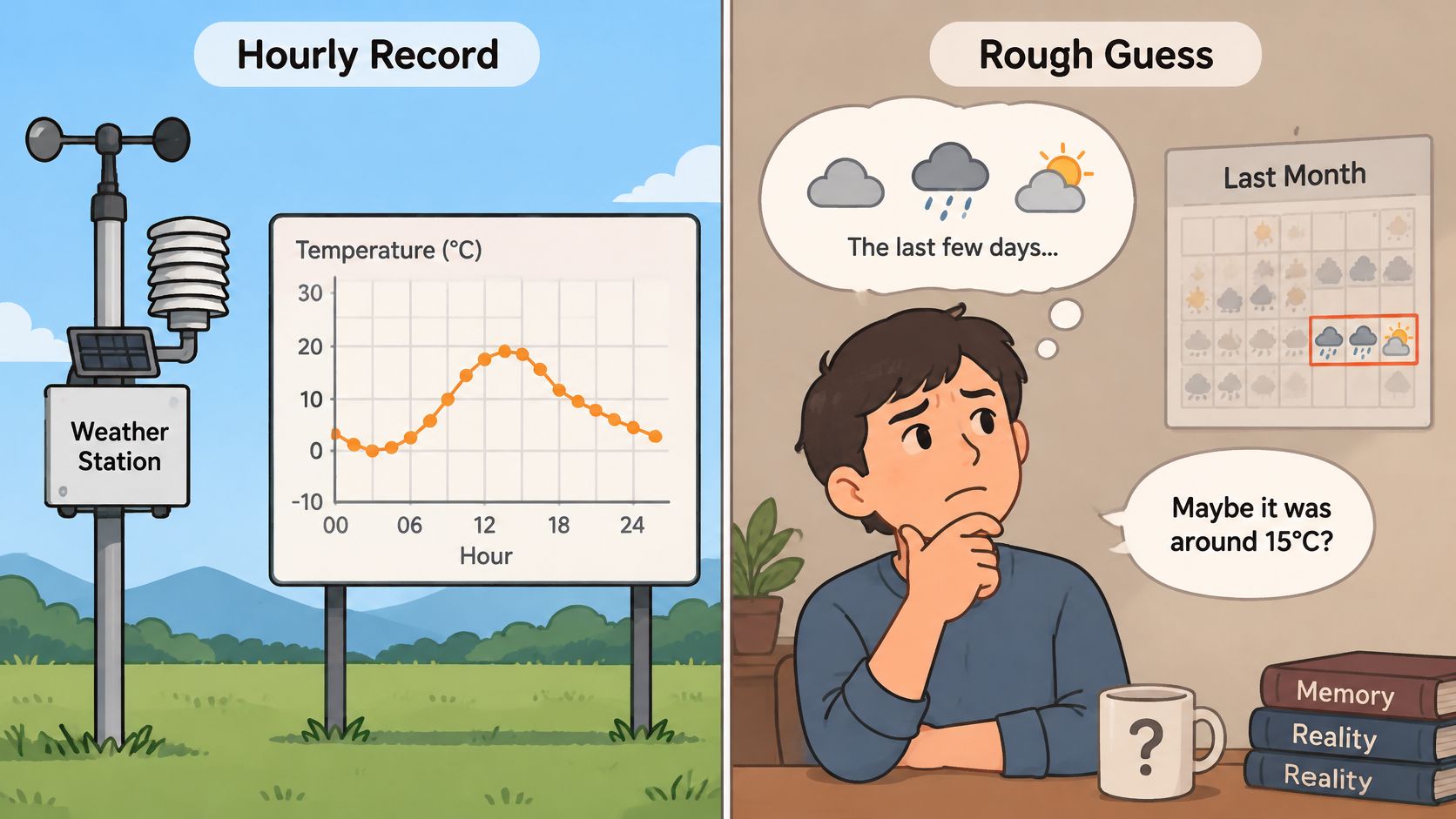 An illustration comparing accurate hourly weather data from a station versus a person's unreliable memory.