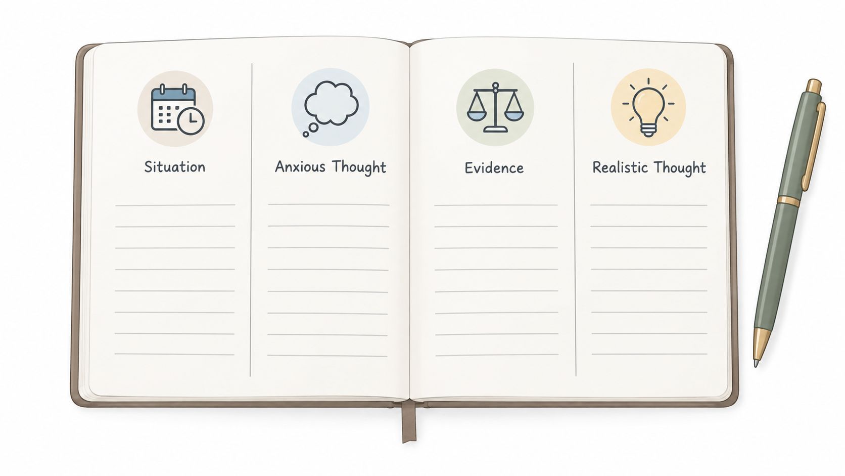An open journal layout showing columns for tracking situation, anxious thought, evidence, and realistic thought for anxiety.
