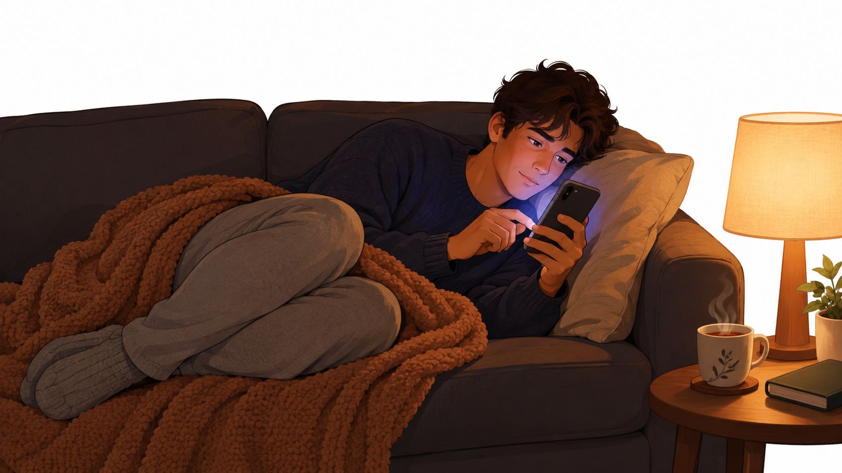 A young man lying on a couch under a cozy blanket while looking at his smartphone.