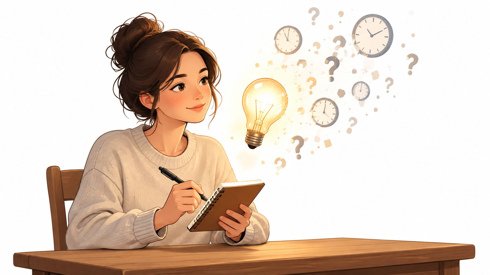 A young woman sitting at a desk with a notebook, contemplating time management and anxiety symptoms.