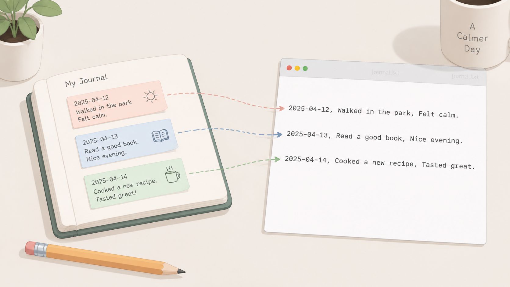 An illustration showing daily journal entries being mapped and exported into a text document file format.