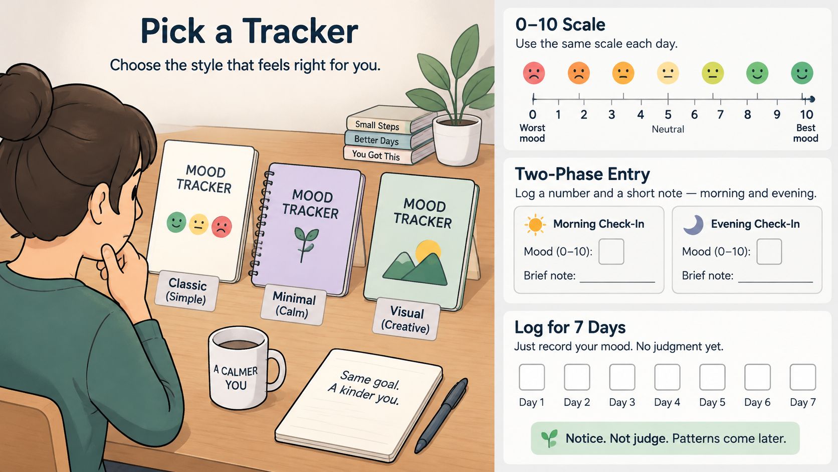 A person looking at different styles of mood tracker journals with helpful tips for daily emotional check-ins.