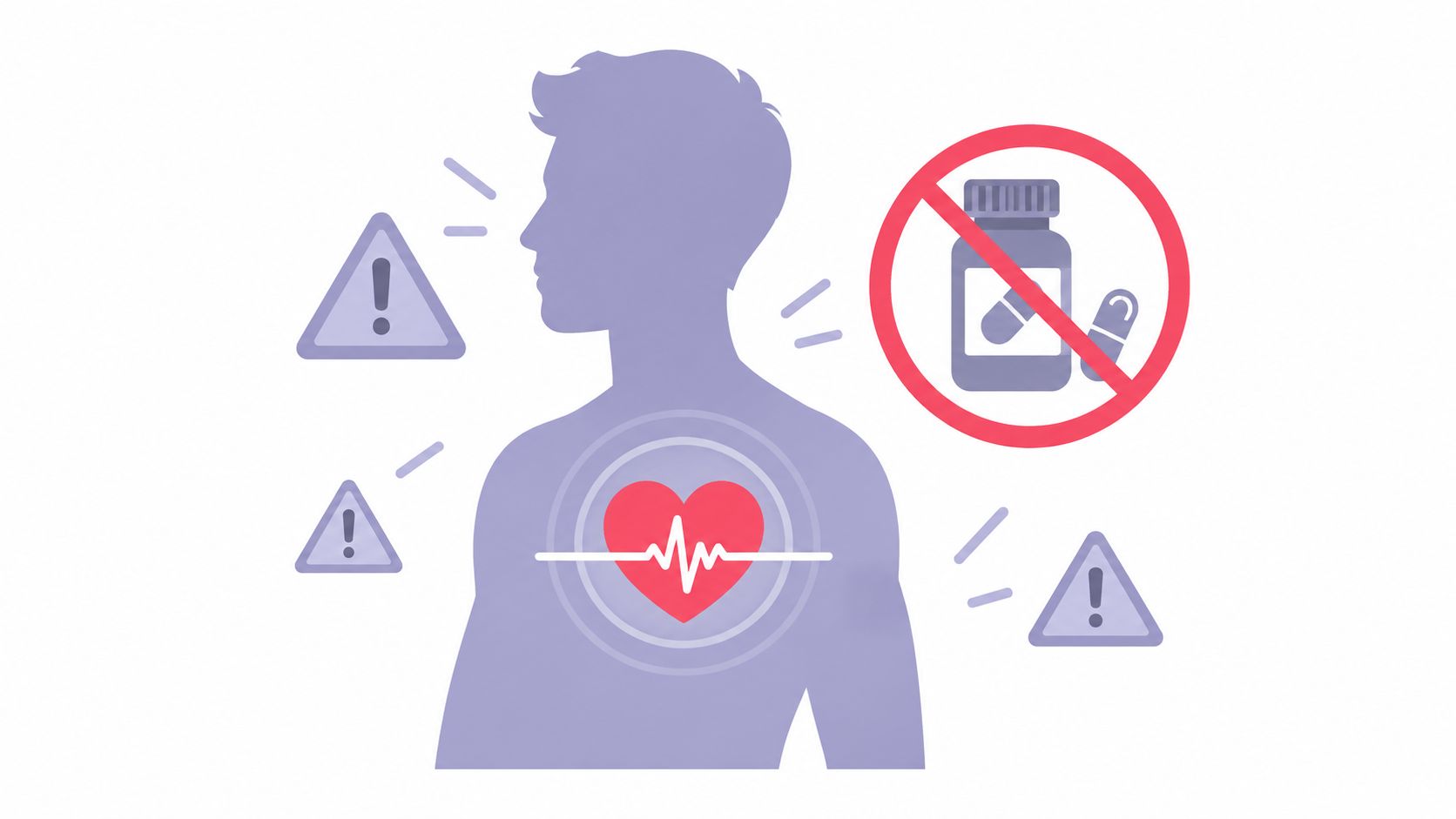 A silhouette illustration of a person with heart health warnings and a crossed-out medication bottle icon.