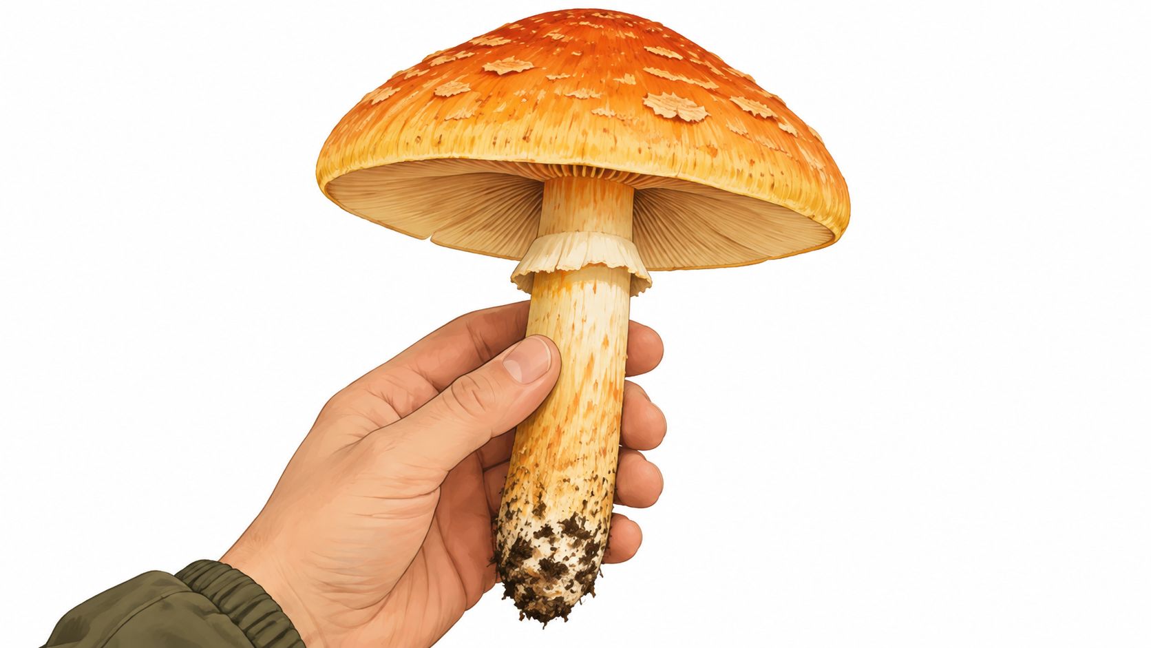 A hand holding a large orange mushroom with a ring on its stem against white background.