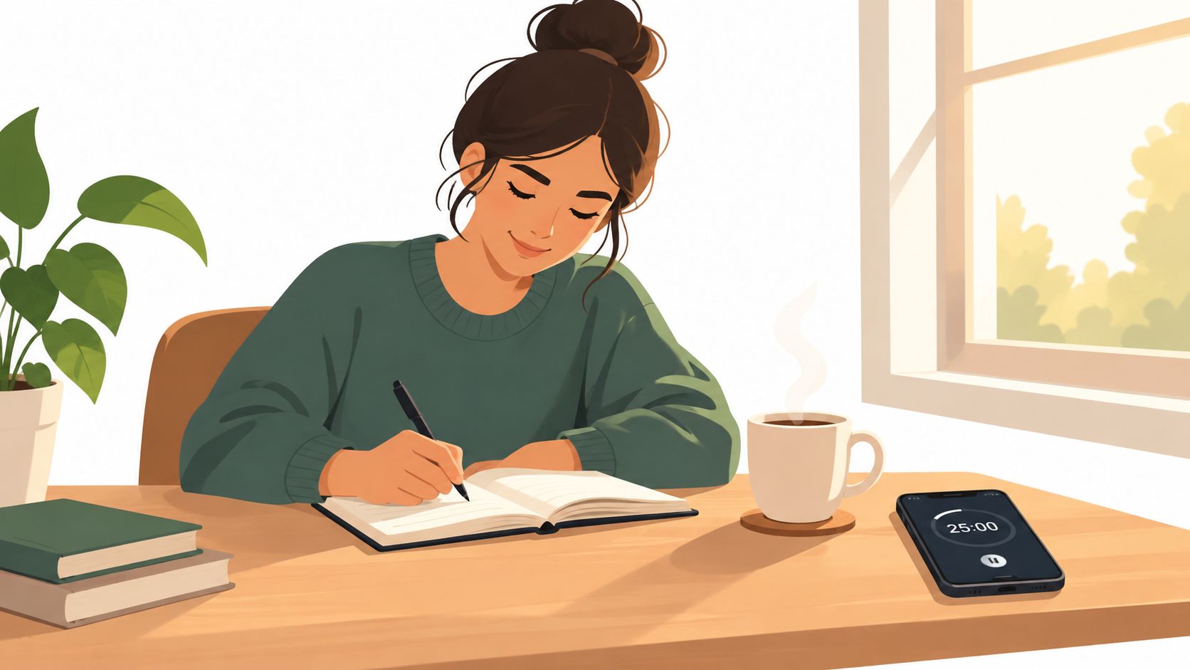 A woman with a bun hairstyle focused on writing in her notebook at a desk with coffee.