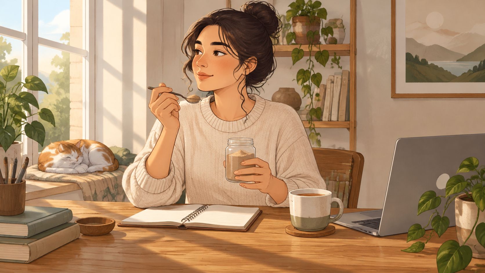 A young woman in a cozy sweater takes a spoonful of powder while working at her desk.