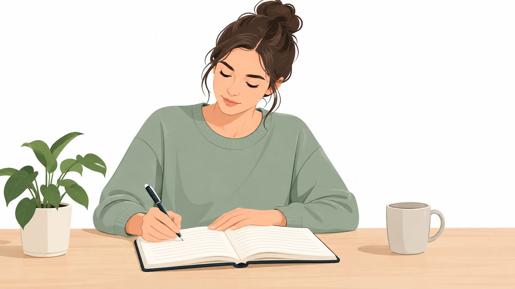 A woman with a bun hairstyle writing in a notebook at a desk next to a plant.
