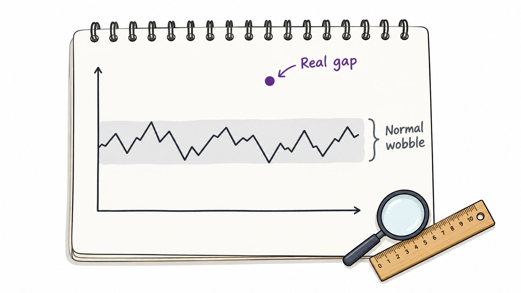 A hand-drawn illustration showing a line graph of data fluctuations with a significant outlier labeled real gap.