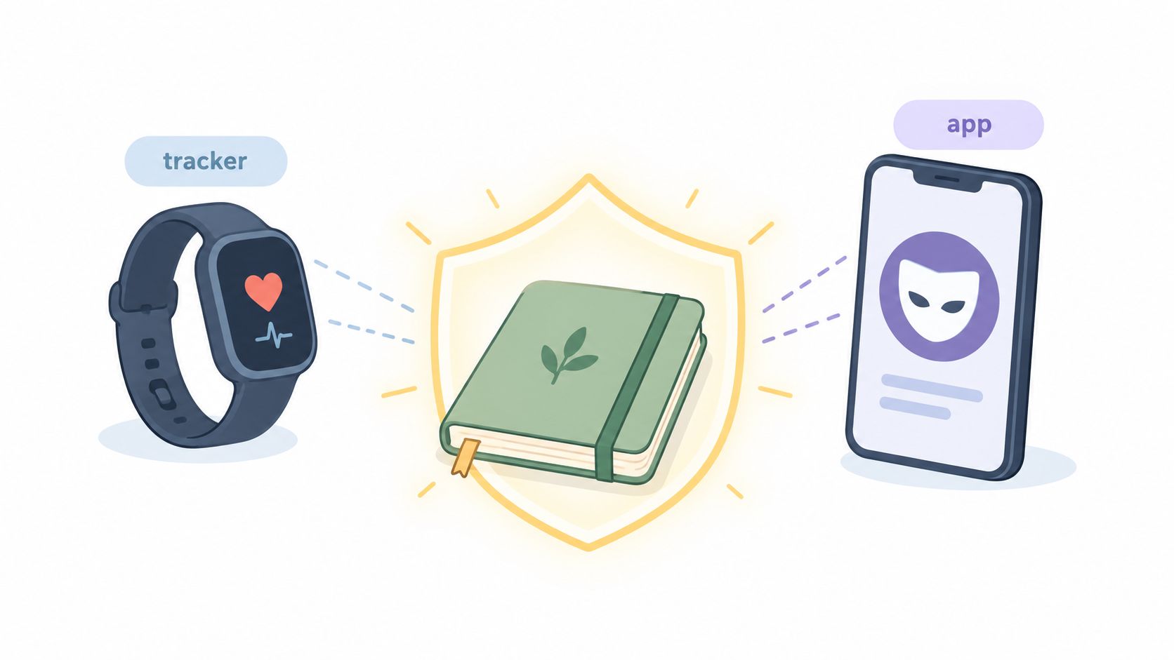 An illustration showing a fitness tracker and a mobile app shielded by a notebook, symbolizing personal data protection.