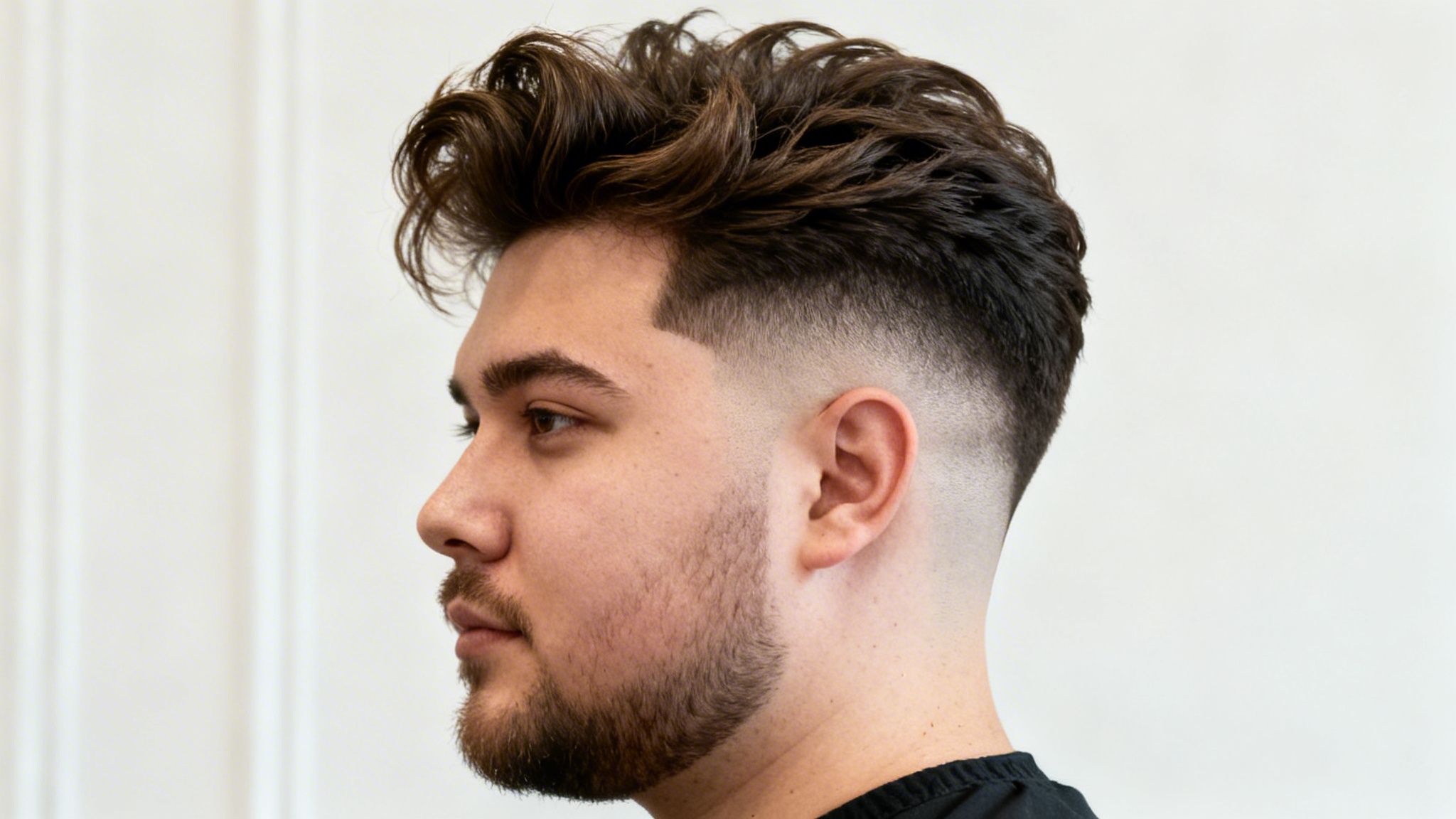 Side profile of a man with a fresh skin fade haircut, wavy styled top, and a short beard.