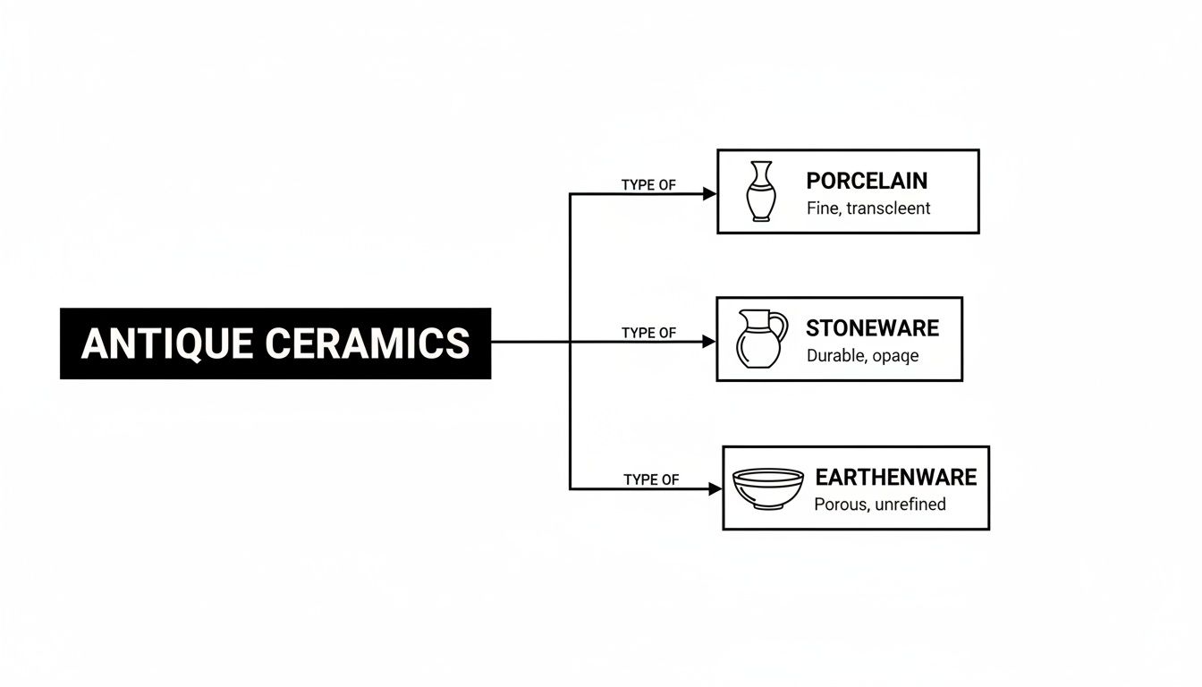 Antique ceramics infographic illustrating three main types: porcelain (fine, translucent), stoneware (durable, opaque), and earthenware (porous, unrefined), with a central title "ANTIQUE CERAMICS."
