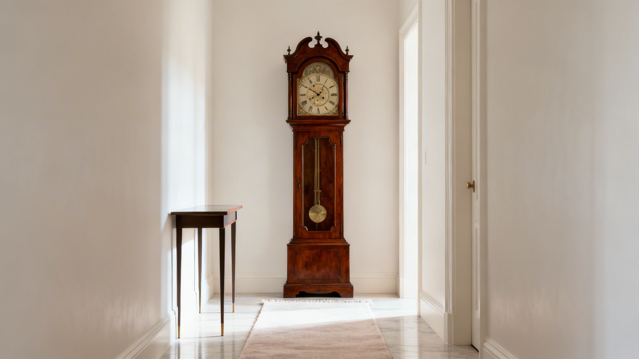 Antique grandfather clock in a minimalist hallway, showcasing intricate craftsmanship and serving as a focal point in home decor.