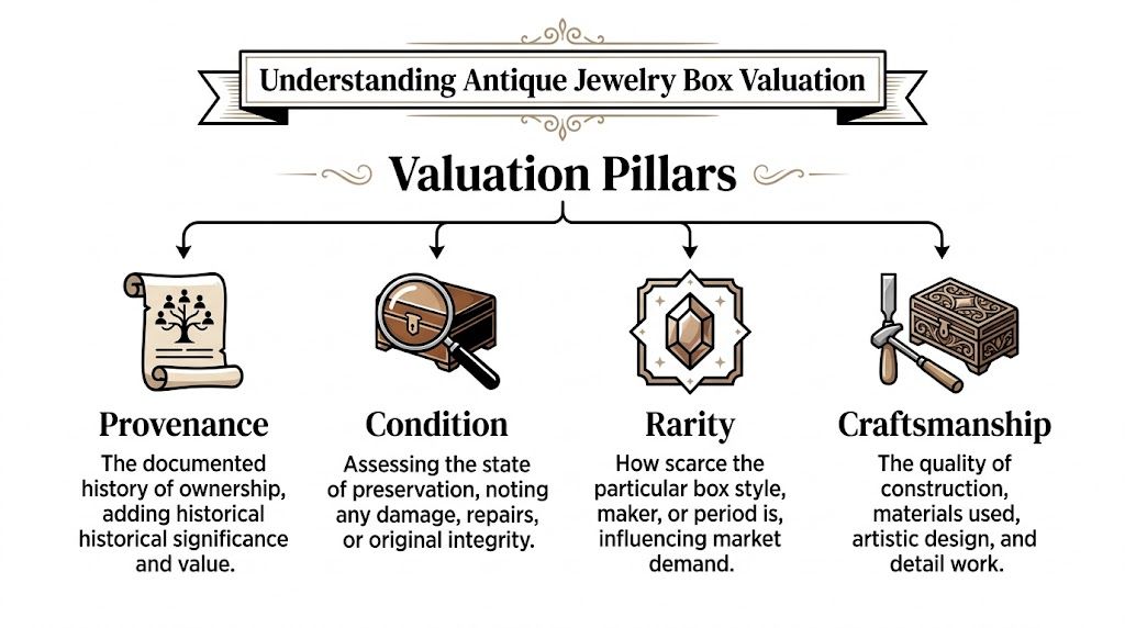 An infographic titled Understanding Antique Jewelry Box Valuation featuring four pillars: Provenance, Condition, Rarity, and Craftsmanship.