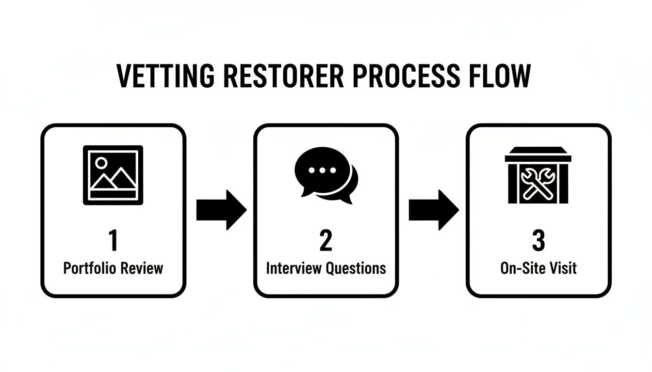 Vetting process flow for antique furniture restoration, featuring steps: portfolio review, interview questions, and on-site visit.