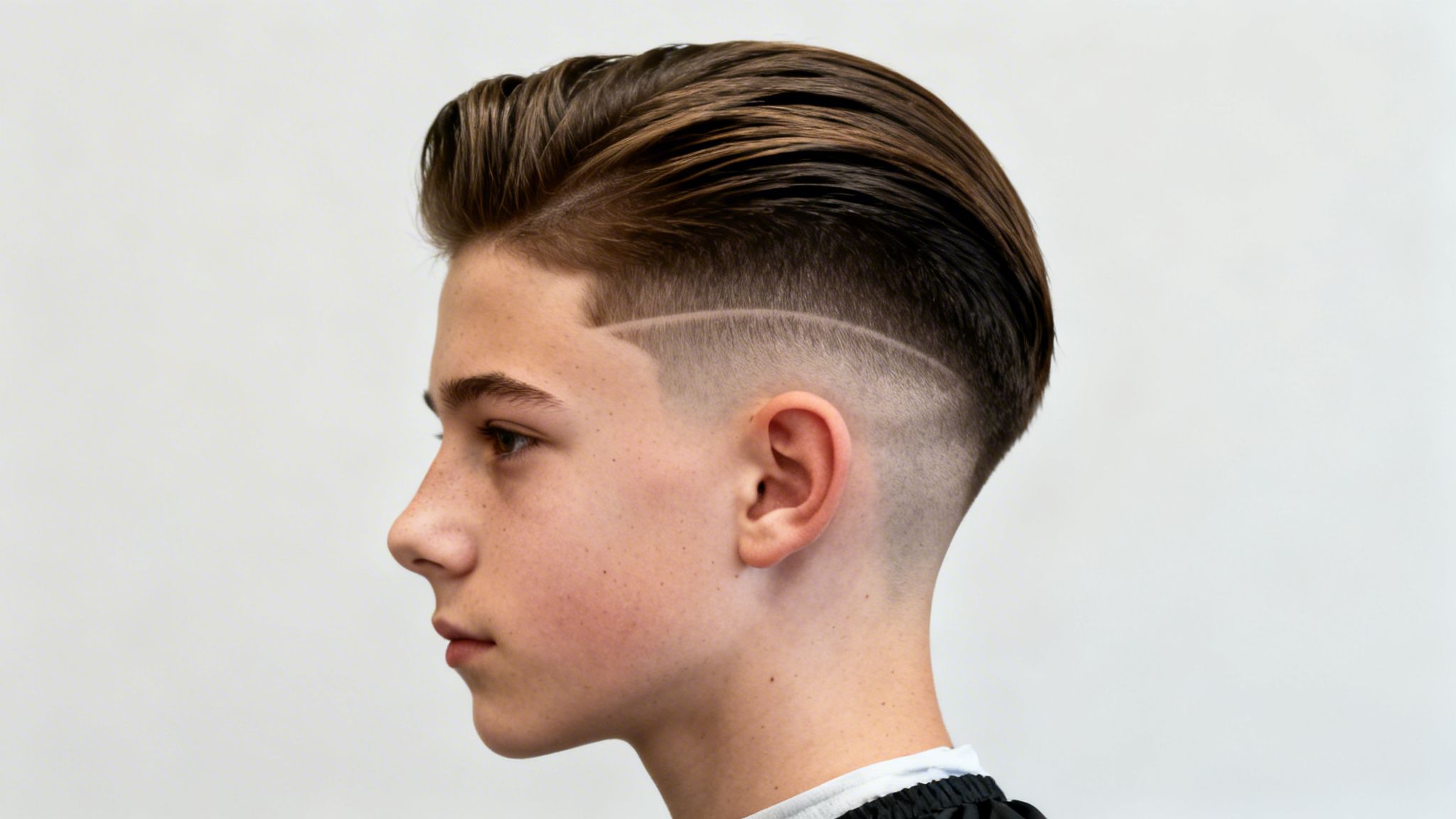 Side profile of a young man with a stylish slicked-back haircut and a sharp, curved hair design.