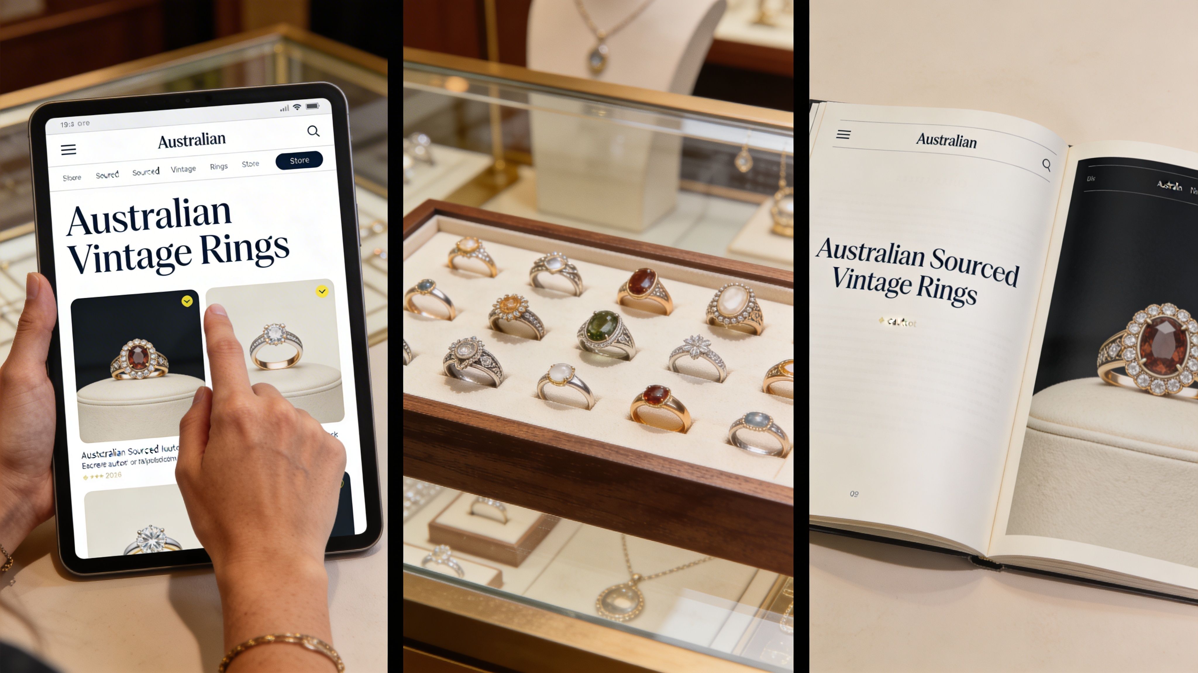 A person browsing a jewelry website for vintage engagement rings on a tablet next to a display case.