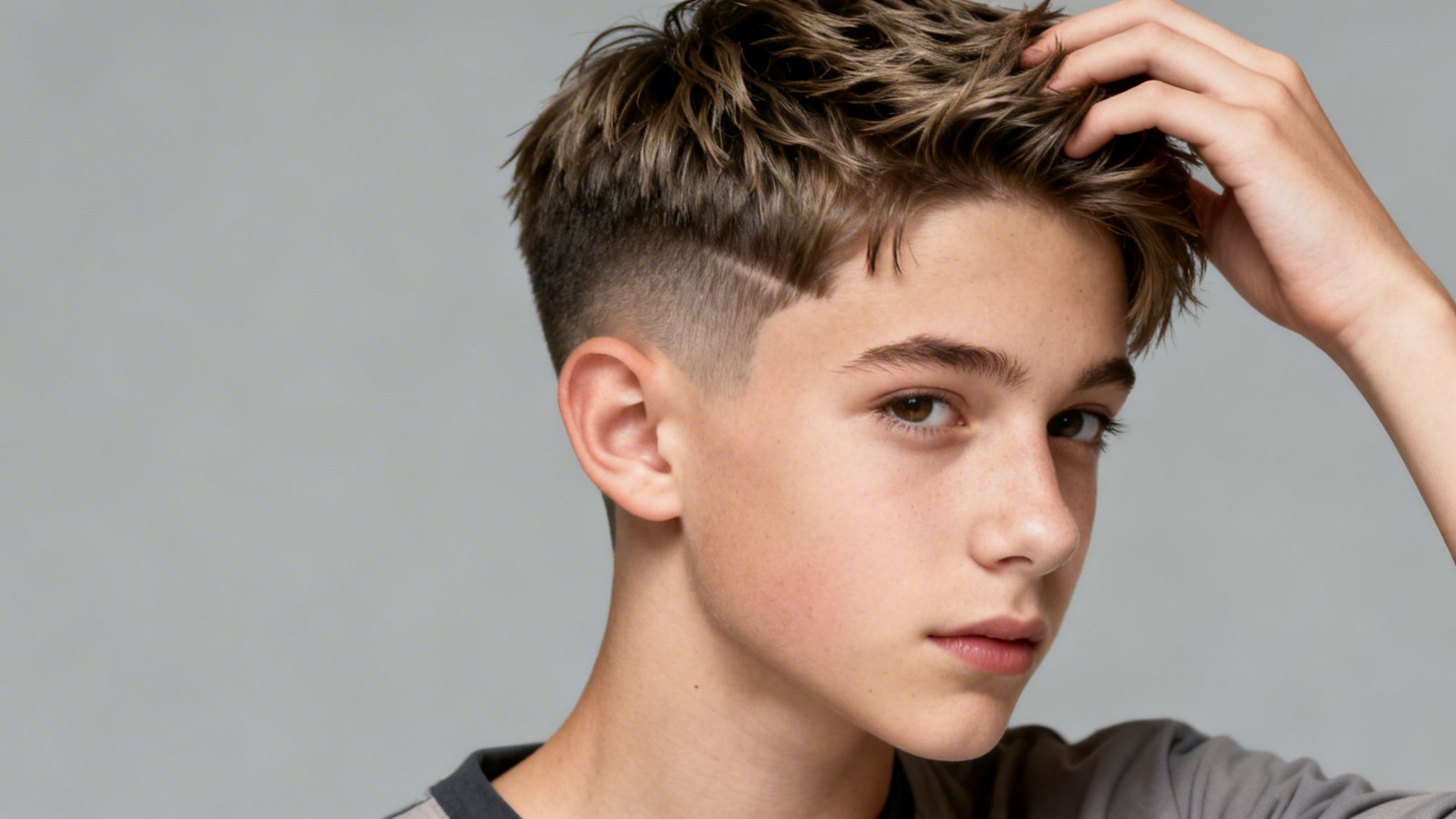 Close-up of a teenage boy with a trendy fade haircut and textured top, looking towards the camera.