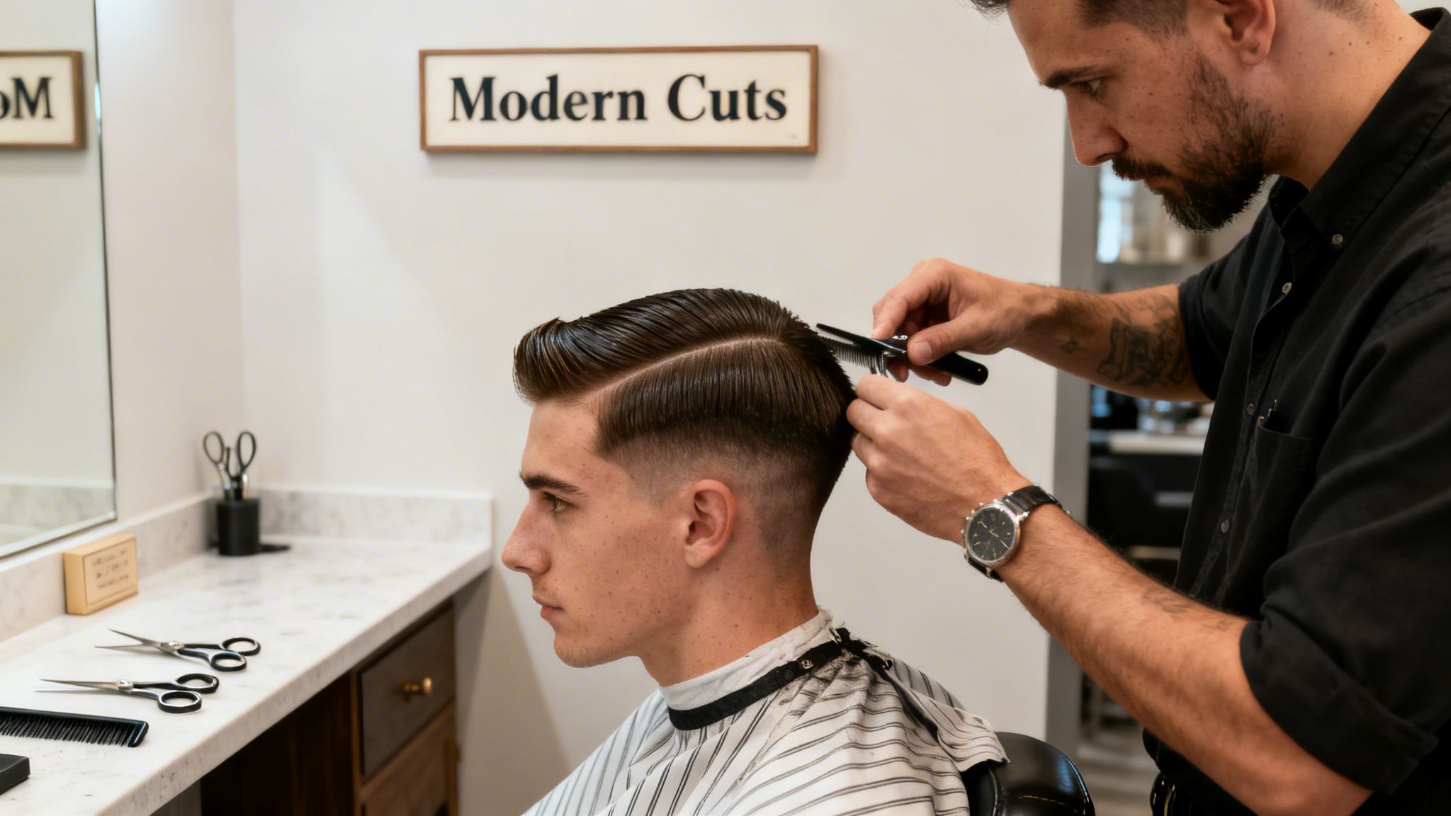 A barber with tattoos giving a clean haircut to a young man with a classic side-part in a modern barbershop.