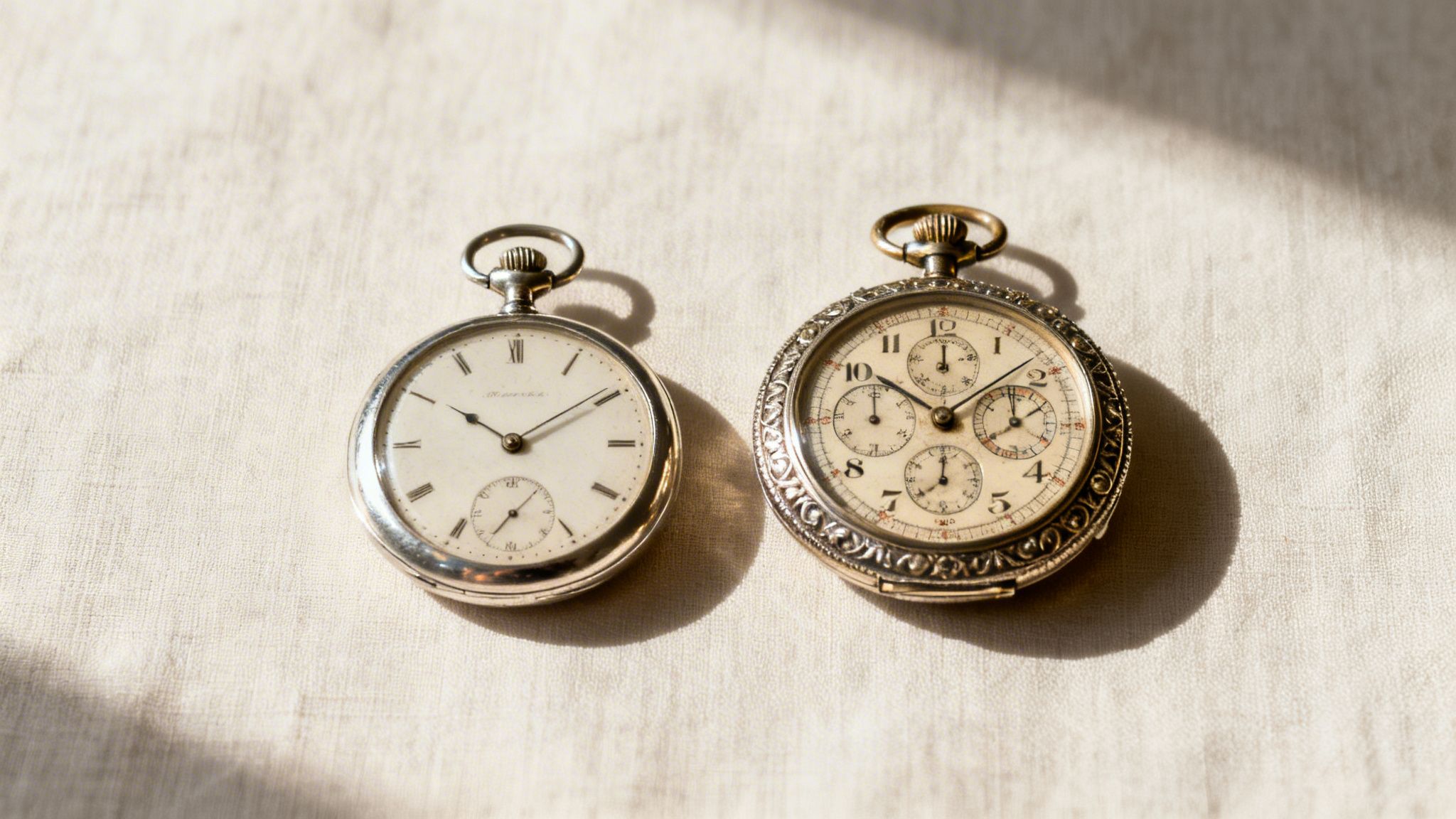 Two antique pocket watches, one classic and one chronograph, on a linen surface with sunlight.