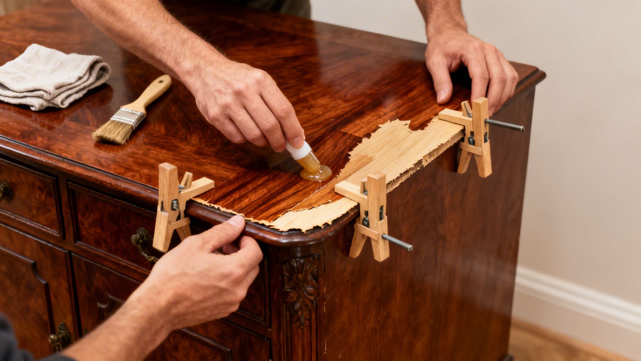 Close-up of a person restoring an antique wooden dresser, applying glue to reattach peeling veneer.
