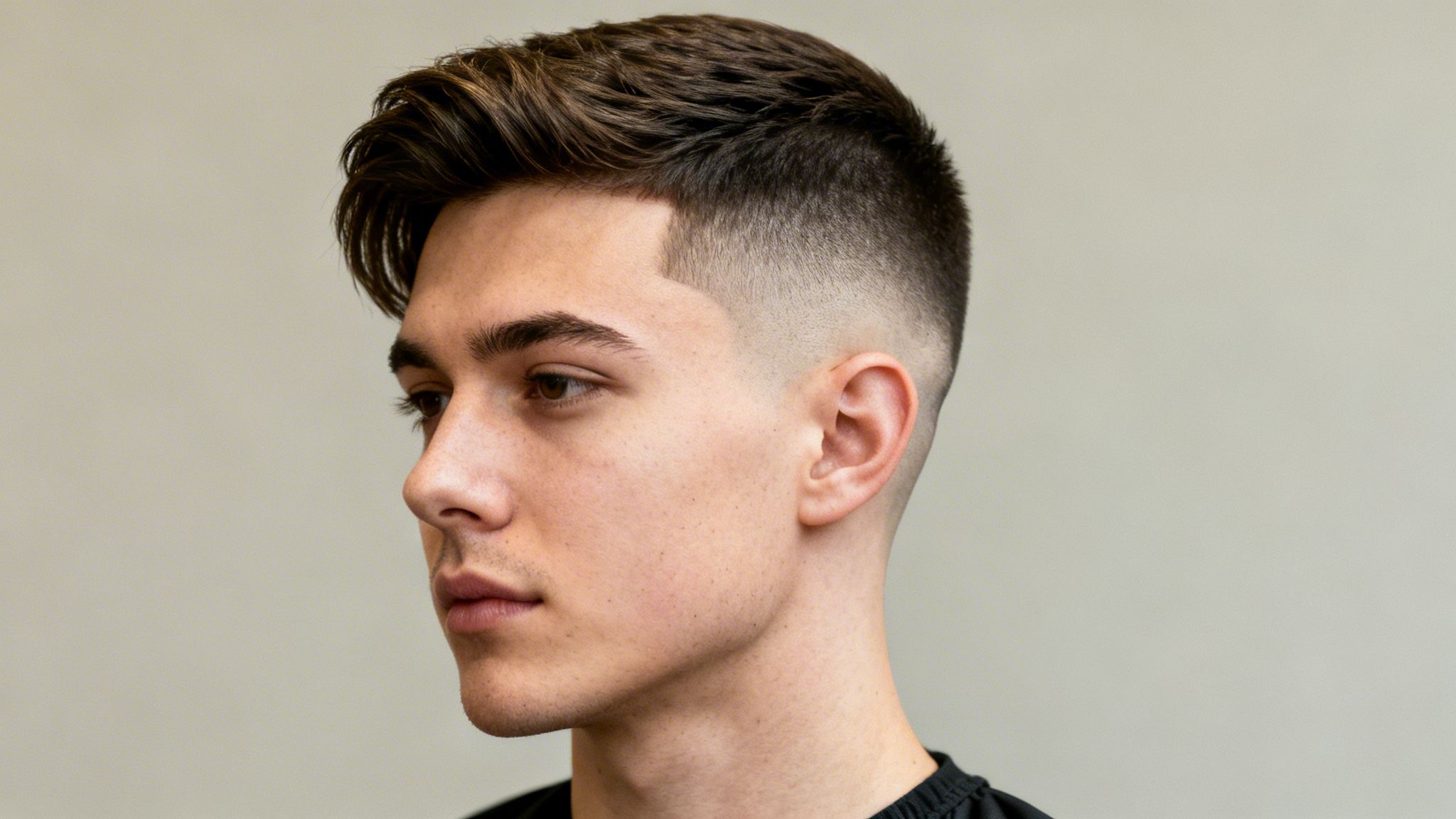 Side profile of a young man with a modern fade haircut and styled brown hair.