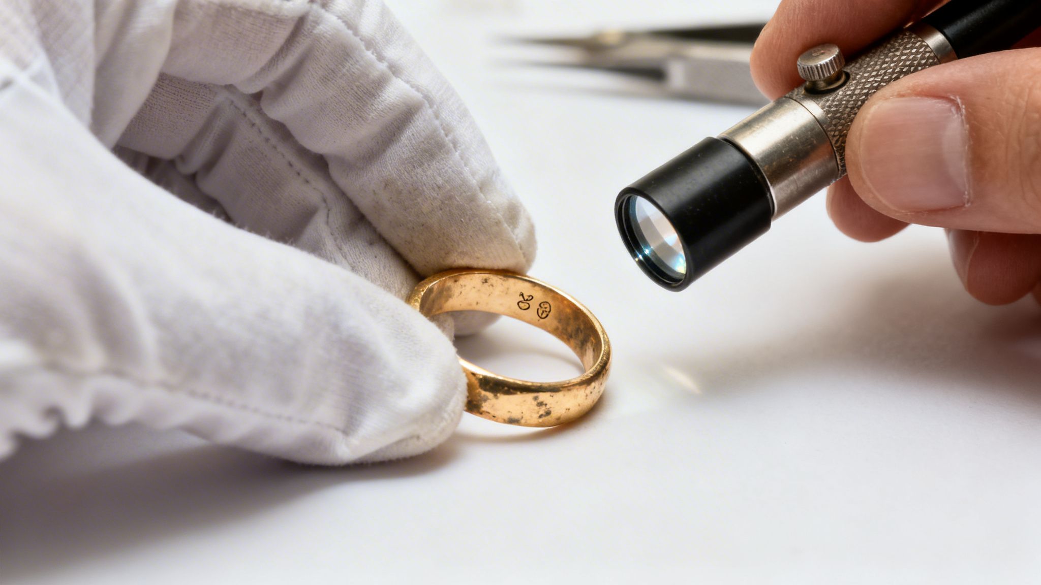 Close-up of a gloved hand holding a vintage gold ring, being examined with a jeweler's loupe for hallmarks.