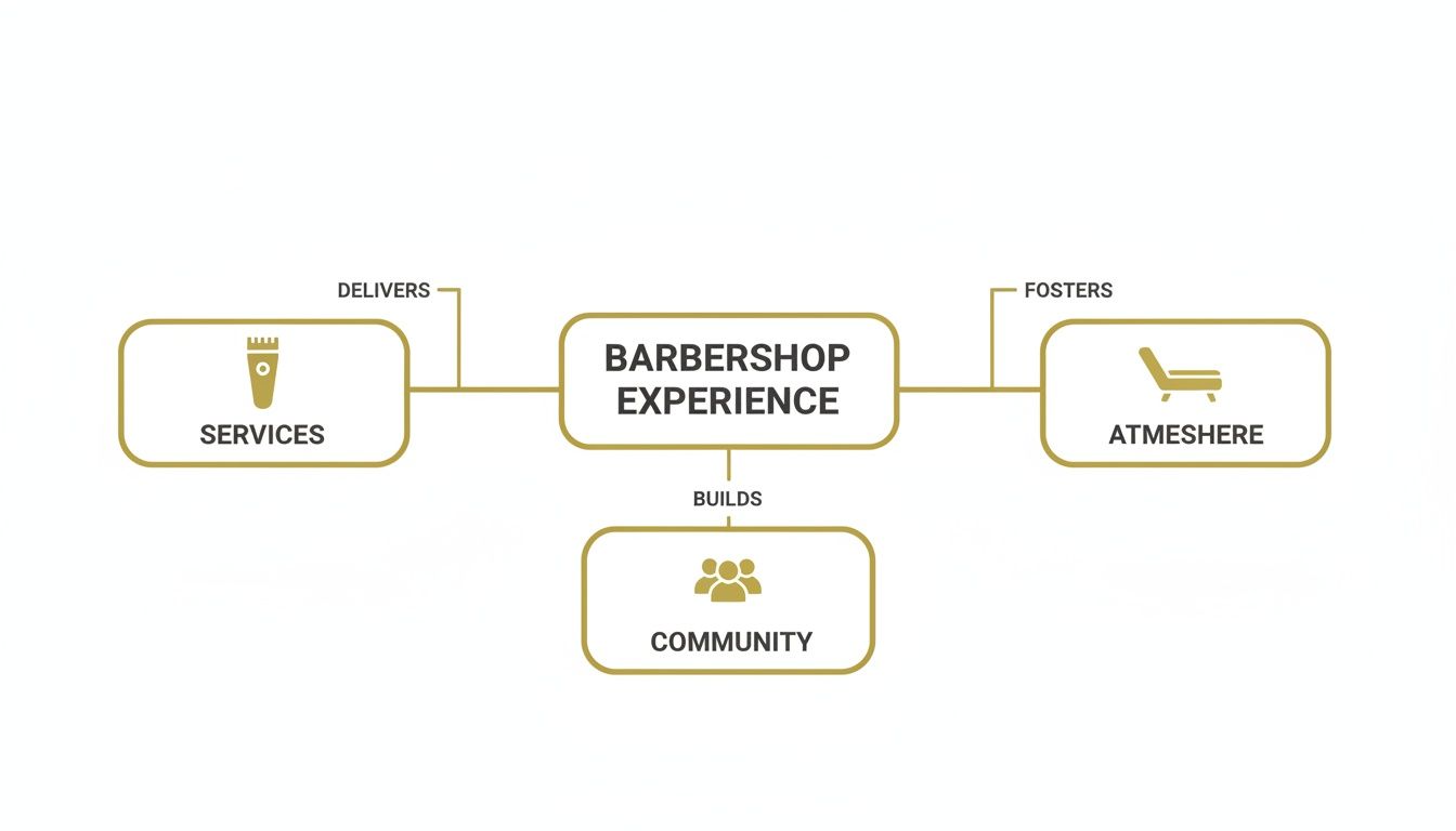 A diagram illustrating how the barbershop experience delivers services, fosters atmosphere, and builds community.
